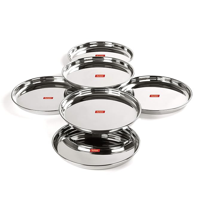 Sumeet Stainless Steel Heavy Gauge Deep Wall Snack Plates 31.3cm Set of 6 pcs