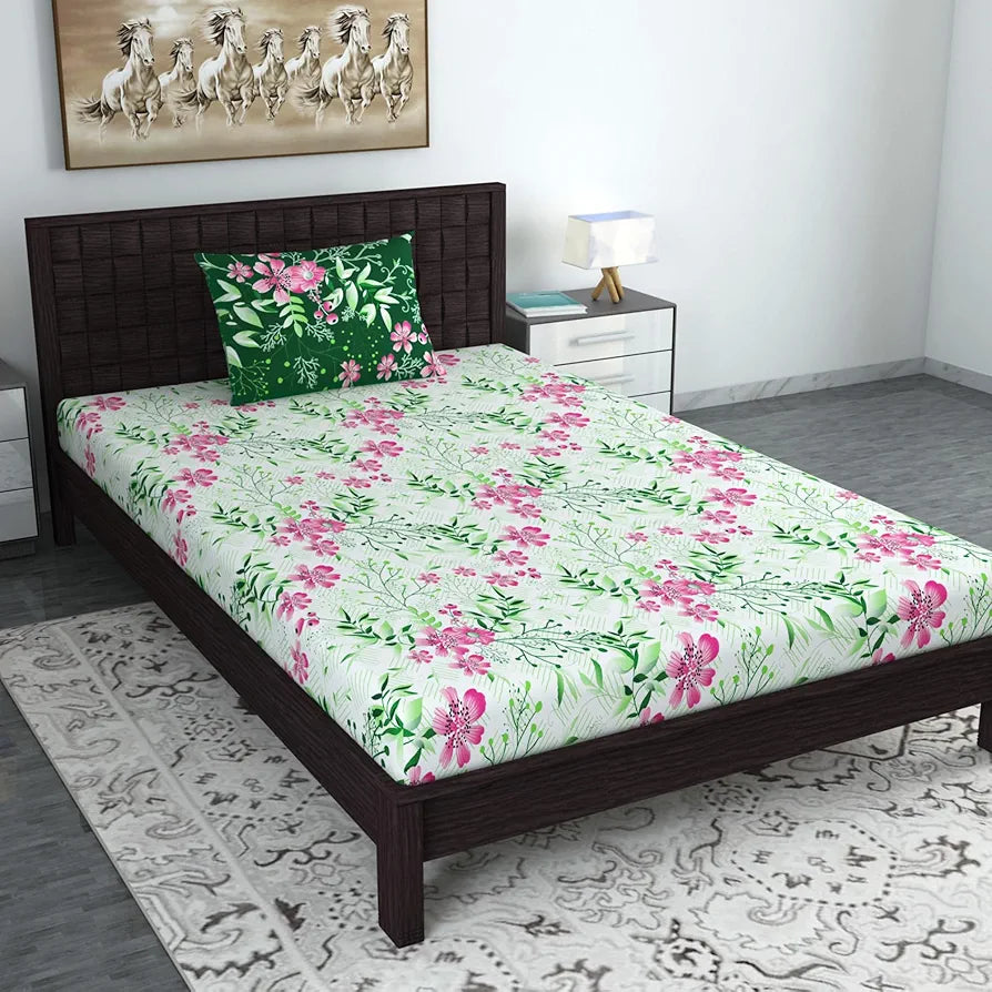 Divine Casa Bedsheet for Single Size Bed 144 TC Cotton Bedsheet for Single Size Bed with 1 Pillow Cover  Floral Colour Mint Pink