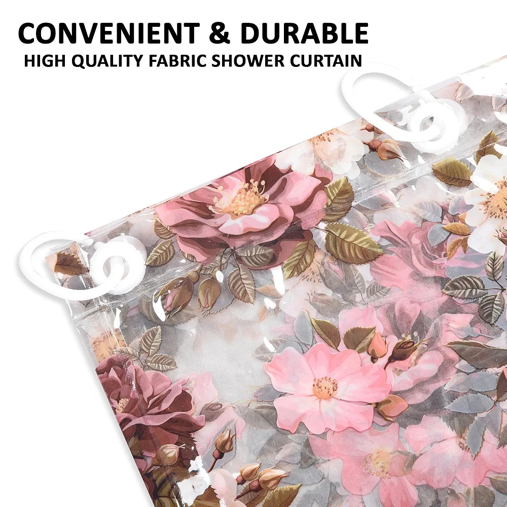 Kuber Industries Shower Curtain Bathroom Shower Curtain 8 Rings Curtain Pink Flower Transparent