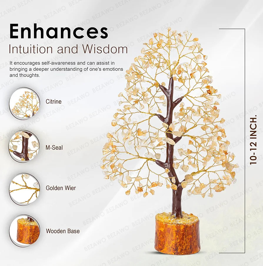 Bezavo Citrine Crystal Tree of Life Feng Shui Money Tree Golden Wire for Positive Energy & Success