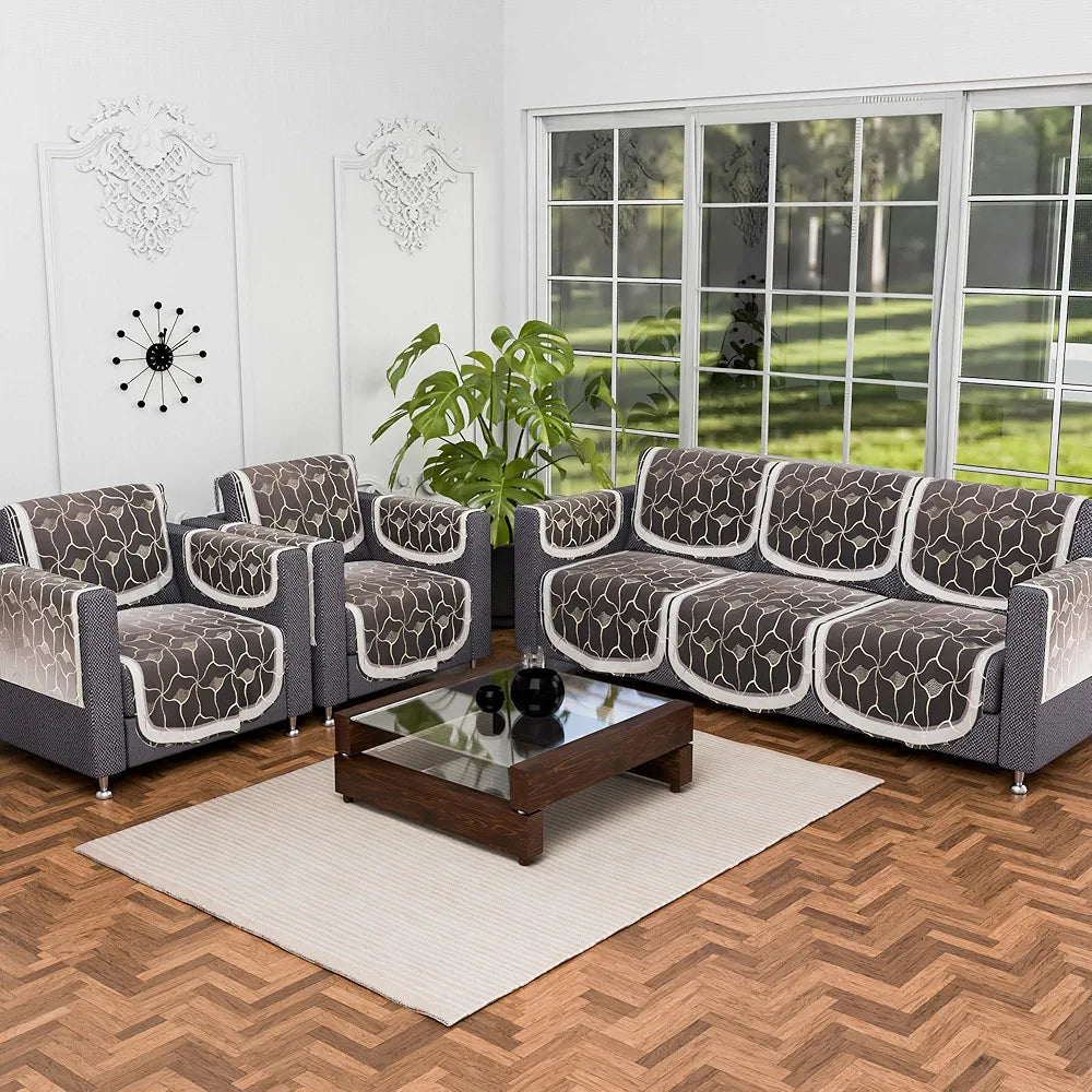 Kuber Industries Set of 16 Anti-Skid Sofa Cover 5-Seater with Arm Cover Arabica Look Brown & Golden Foil