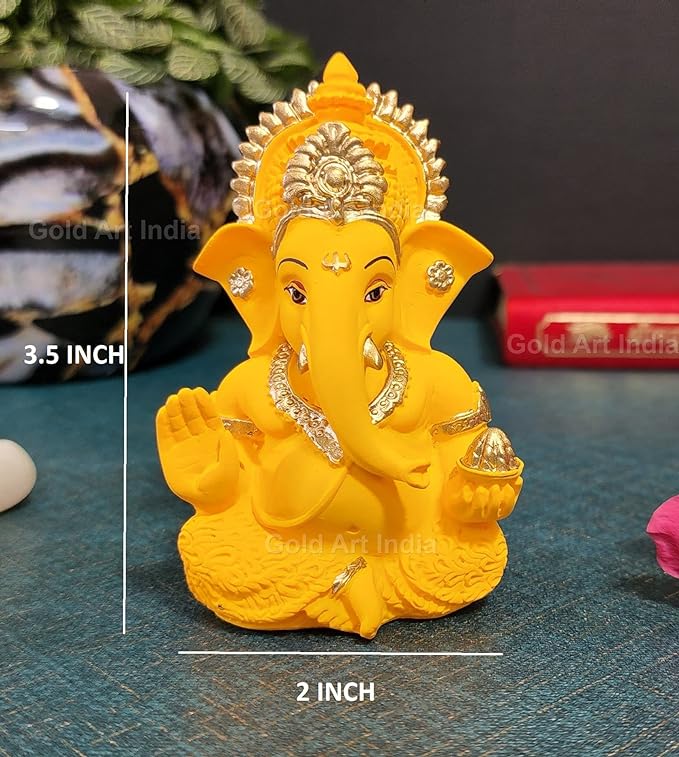 Gold Art India Yellow Mukut Ganesha Good for Divine Home Office Decor Car Dashboard Idol