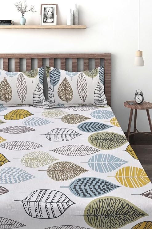 Huesland by Ahmedabad Cotton 144 TC Cotton King Size Bedsheet with 2 Pillow Covers | Beige, Green, Blue