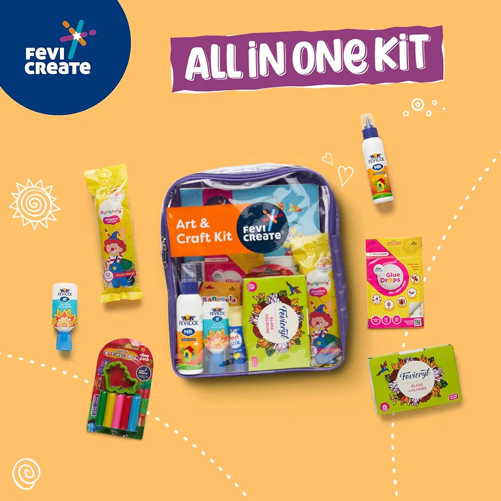 Fevicreate Art & Craft Kit | with Transparent Backpack | Value Pack with Crafting Essentials for Children | School Kit | Colours, Canvas, Activity Book, Glues | Gift for Boys & Girls Ages 5+