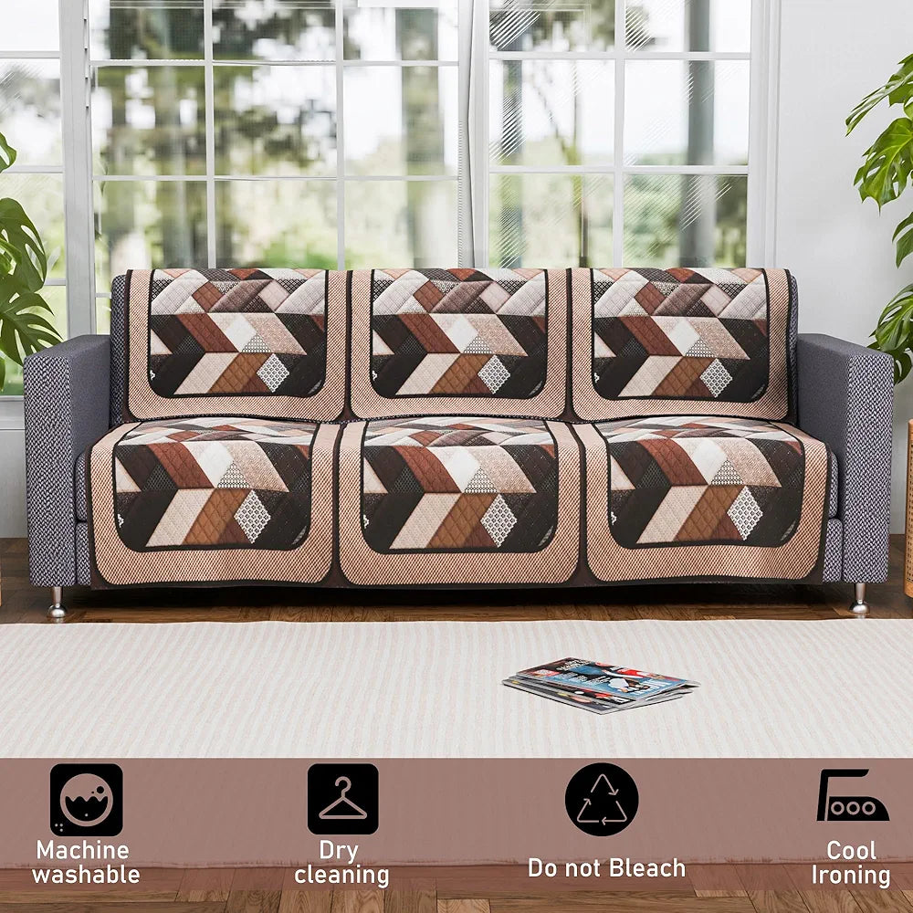 Kuber Industries Set of 6 Velvet 3 Seater Sofa Covers for Living Room Triangular-Cream & Brown