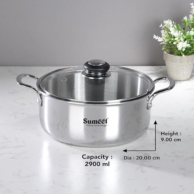 Sumeet Cook Smart TriPly Steel Aluminium Steel 3 Layers Pot Glass Lid- 2.9Ltr - 20Cm Silver