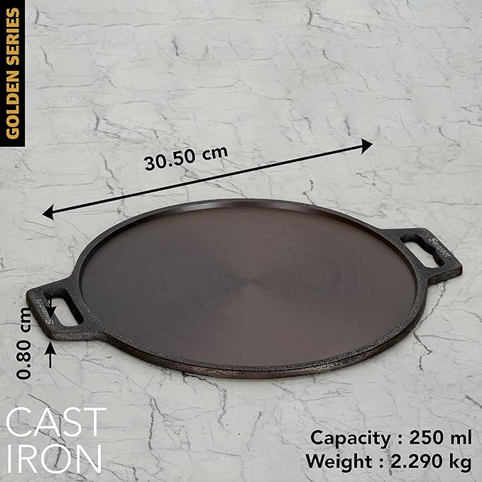 Sumeet Super Smooth Gold Series Pre Seasoned Cast Iron Flat Tawa for Dosa|30.5cm 2.3kg Gas