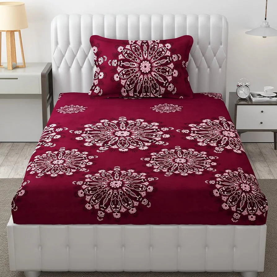Fresh From Loom Floral Single Bedsheet Size Microfiber Bedsheet Set-Printed Hypoallergenic Wrinkle Free with 2 Pillow Covers 144 TC Wine
