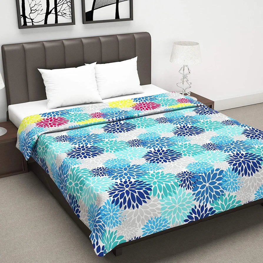 Divine Casa 120 GSM Microfiber Double Dohar Soft & Lightweight Throw Blanket Floral Burst Pattern Colour Blue Aqua