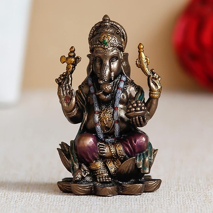 Ecraftindia Resin Bronze Chaturbhuj Lord Ganesha Idol Sitting on Lotus Flower | Ganesha Statue for Puja Room