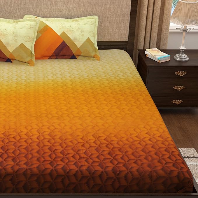 Story@Home Tevel Collection King Size Bedsheet Cotton with Two Pillow Covers, Mustard and Brown Colour