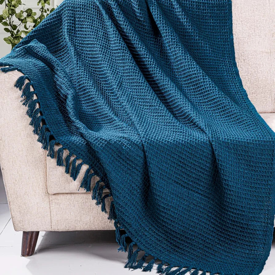 Homadorn Waffle Weave Cotton Throw Blanket Colour Teal Green