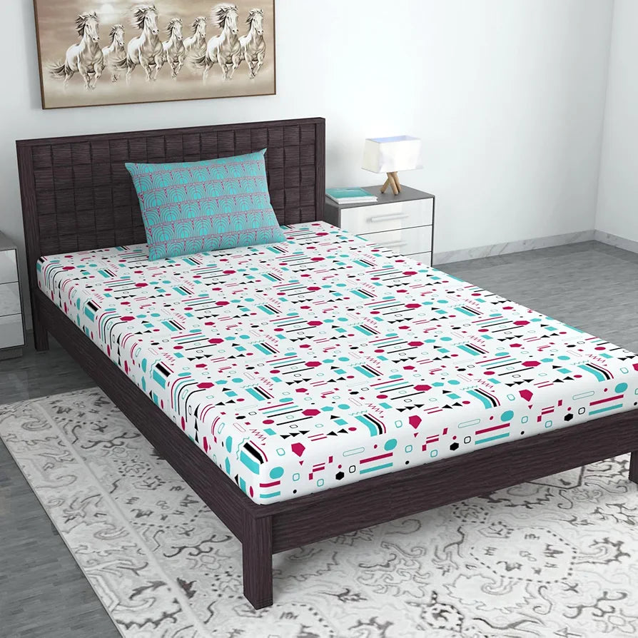 Divine Casa 144 TC Cotton Bedsheet for Single Bed with 1 Pillow Cover Colour Teal & White