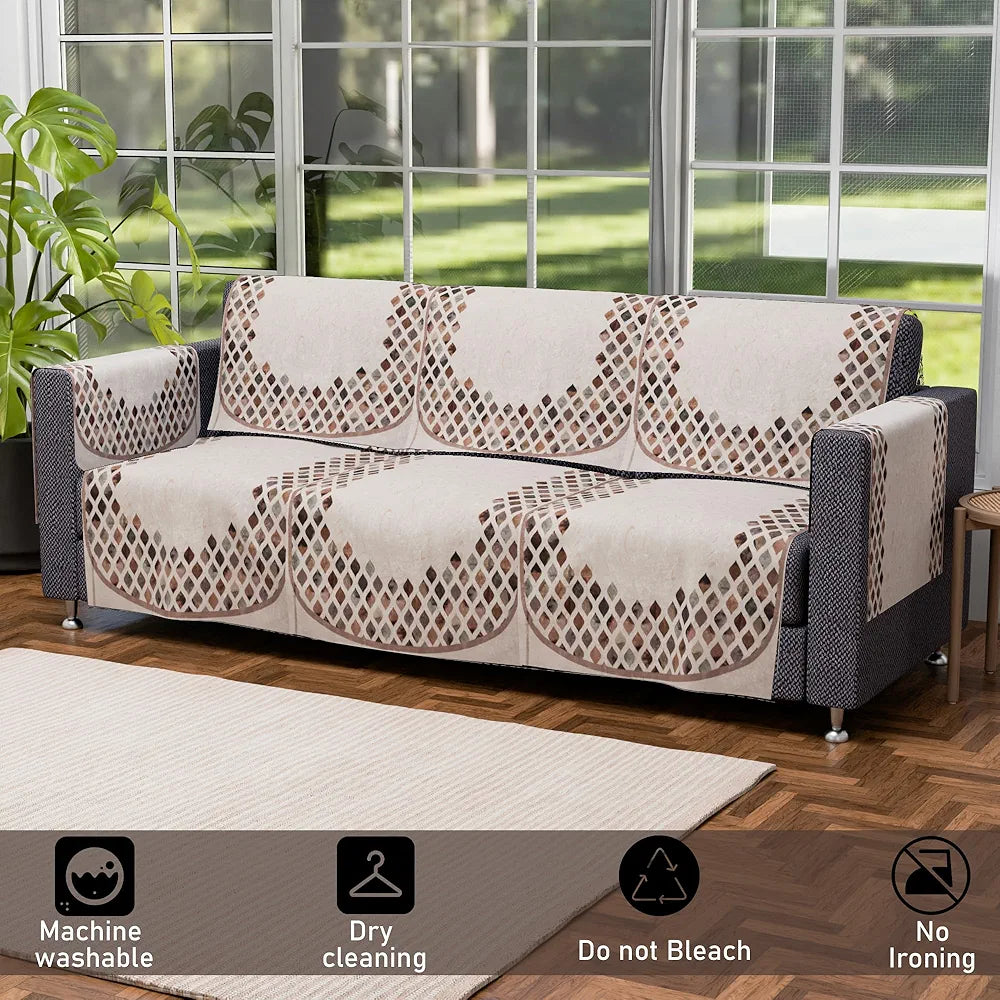 Kuber Industries Set of 16 Velvet Anti-Skid Sofa Cover 5-Seater with Arm Cover Dot Border Cream & Brown
