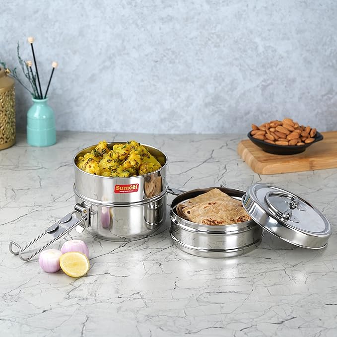 Sumeet Stainless Steel 2 Compartment Lunch Box/Tiffin Lid and Handle 11.5Cm (1000 ml Silver)