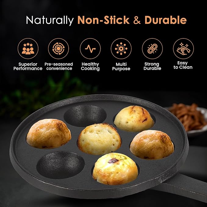 Solara Crownstone Premium Cast Iron Paniyaram Pan 7 Cavities, 20 Cm Appam Patra With Handle | Cast Iron Cookware