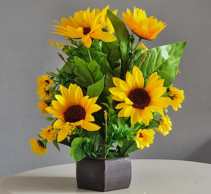Wooden Pot with Multi-Design Dry Artificial Flowers Yellow