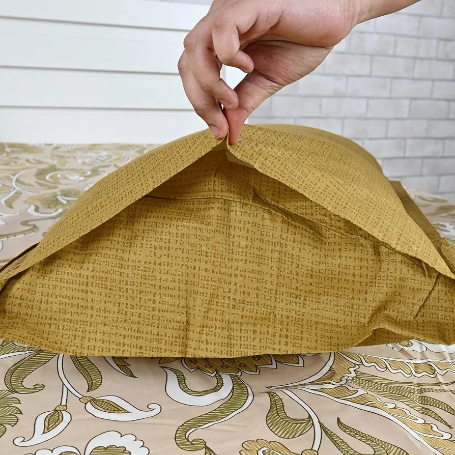 Divine Casa 144 TC 100% Cotton Single Size Bedsheet with 1 Pillow Cover Floral Paisley Colour Mustard Beige