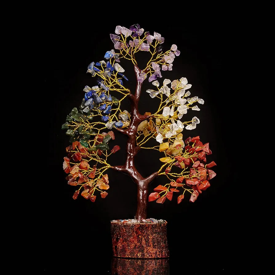 Reikved Seven Chakra Crystal Gemstone Bonsai Money Tree Golden Wire