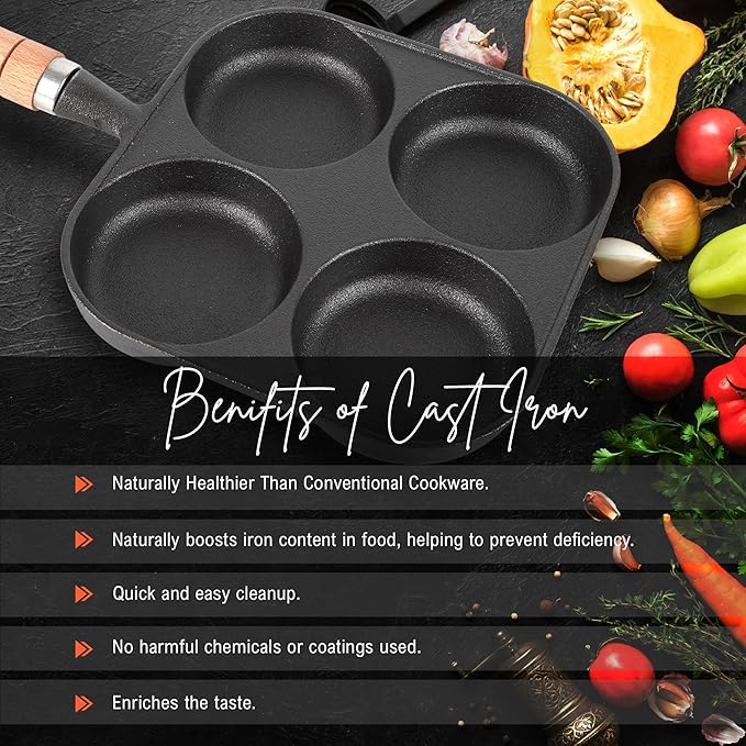 Solara Crown Stone Premium Pre-seasoned Cast Iron Uttapam Pan 4 Pit | Naturally Nonstick Toxin-free Uttappam Tawa With Wooden Handle