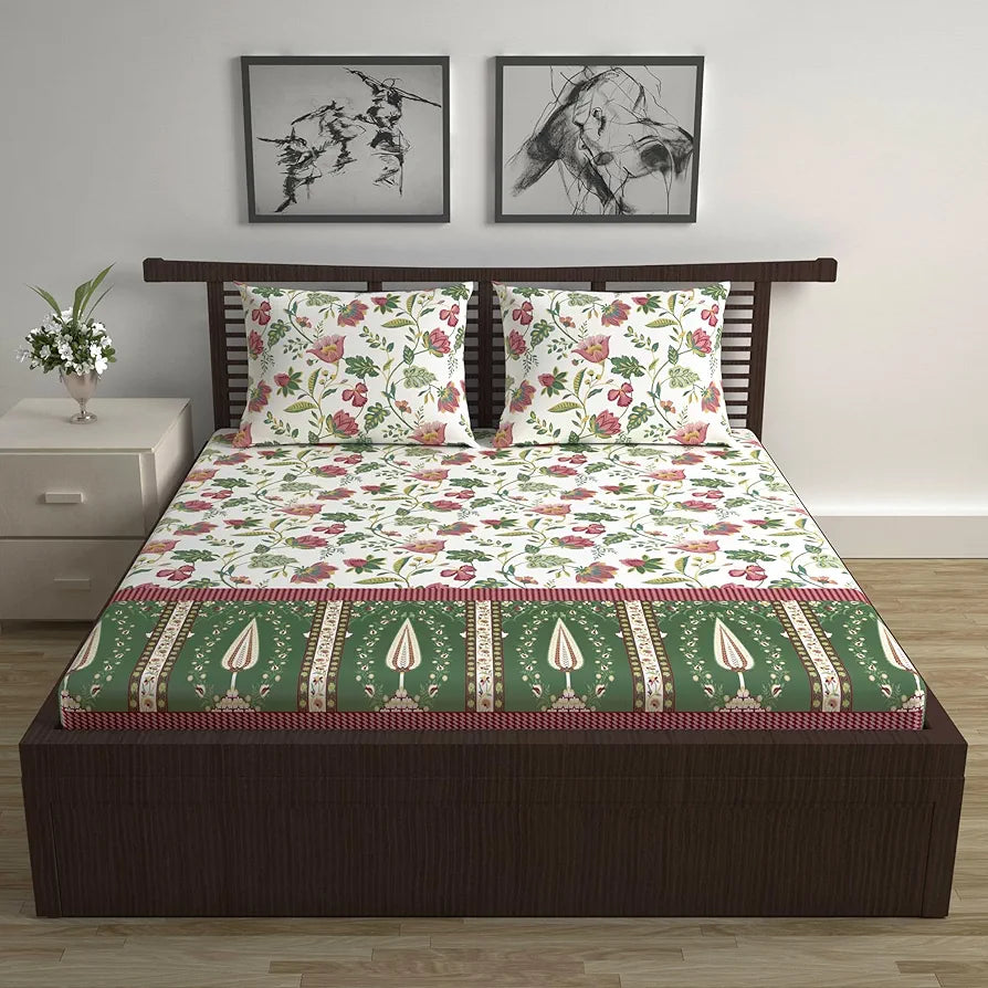 Divine Casa 144 TC 100% Cotton Bedsheet for Double Bed with Pillow Covers Colour Magenta Green