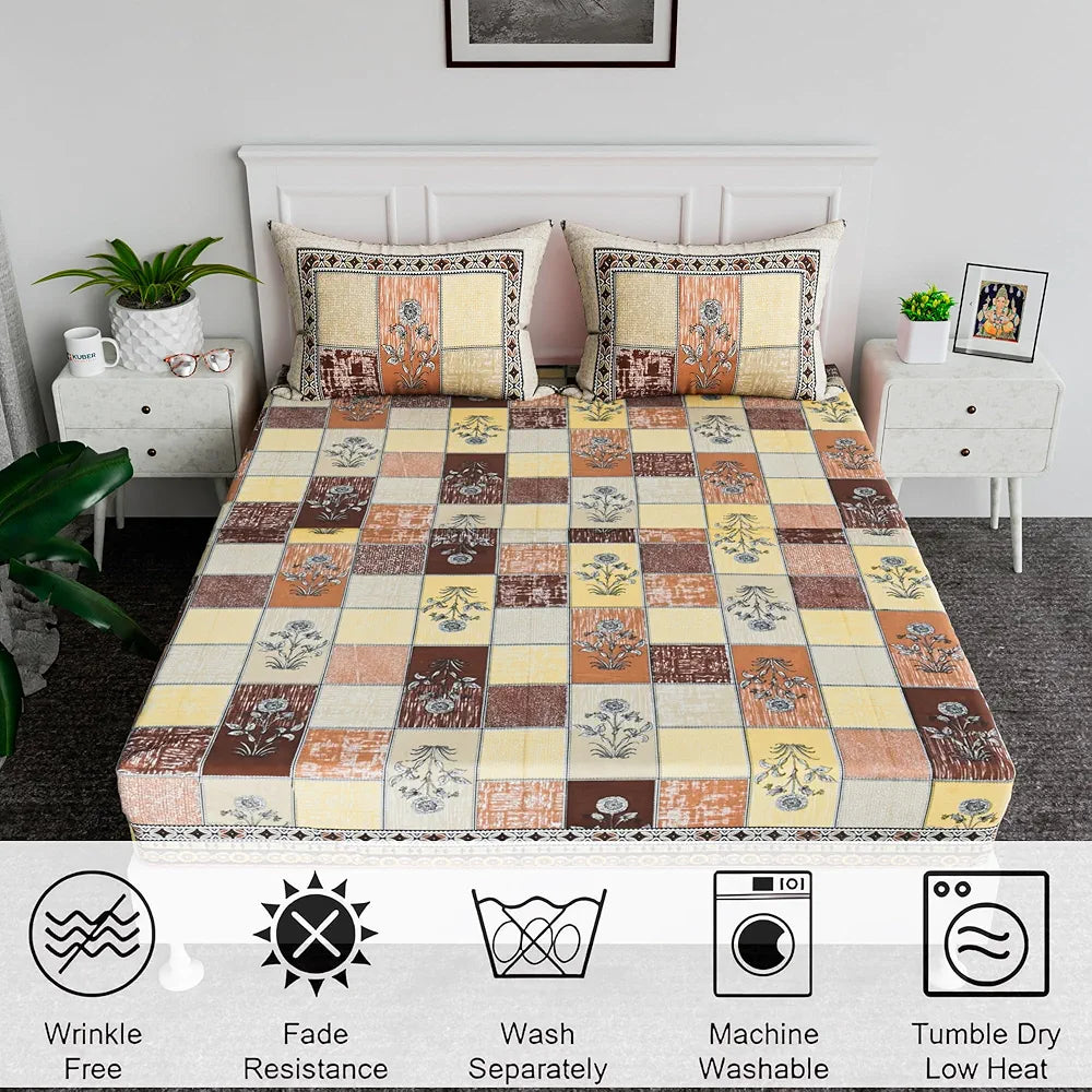 Kuber Industries Cotton Bedsheets for Double Bed with 2 Pillow Covers Candy Flower Brown & Yellow