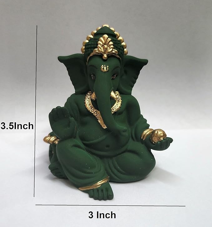 Gold Art India Terracotta Green Gaddi Ganesha for Car Dashboard Home Decor Gadditerracotta green
