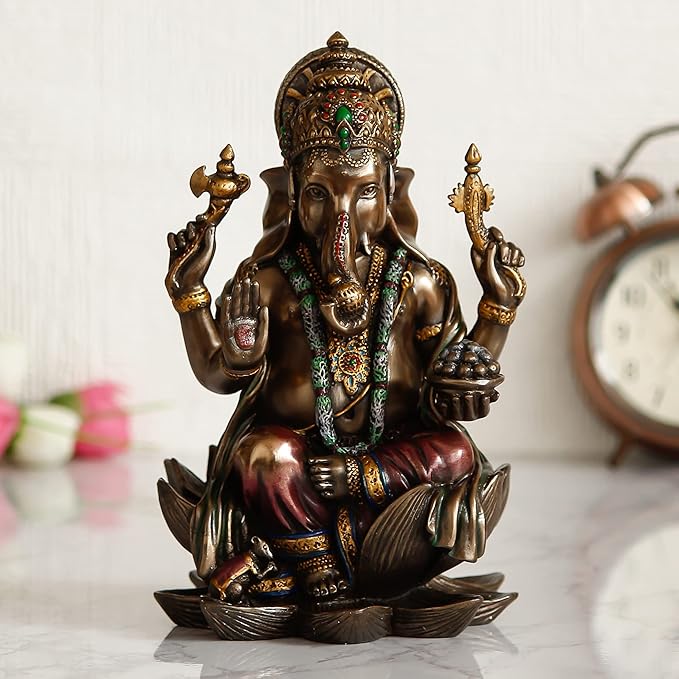 Ecraftindia Handcrafted Polyresin and Bronze Chaturbhuj Lord Ganesha Idol Sitting on Lotus Flower Decorative Statue for Home