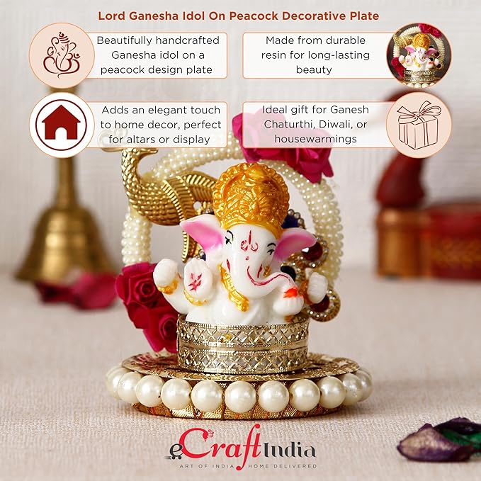 Ecraftindia Resin Lord Ganesha Idol on Peacock Decorative Plate | Ganesha Idol for Home Decor