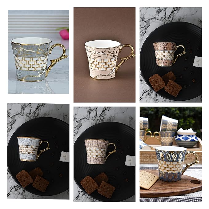 Femora Blue Craze Pattern on Golden Mugs, Ceramic Tea Cups, Coffee Mugs | 160 Ml | Golden | 6 Pcs Set | Not Microwave Safe