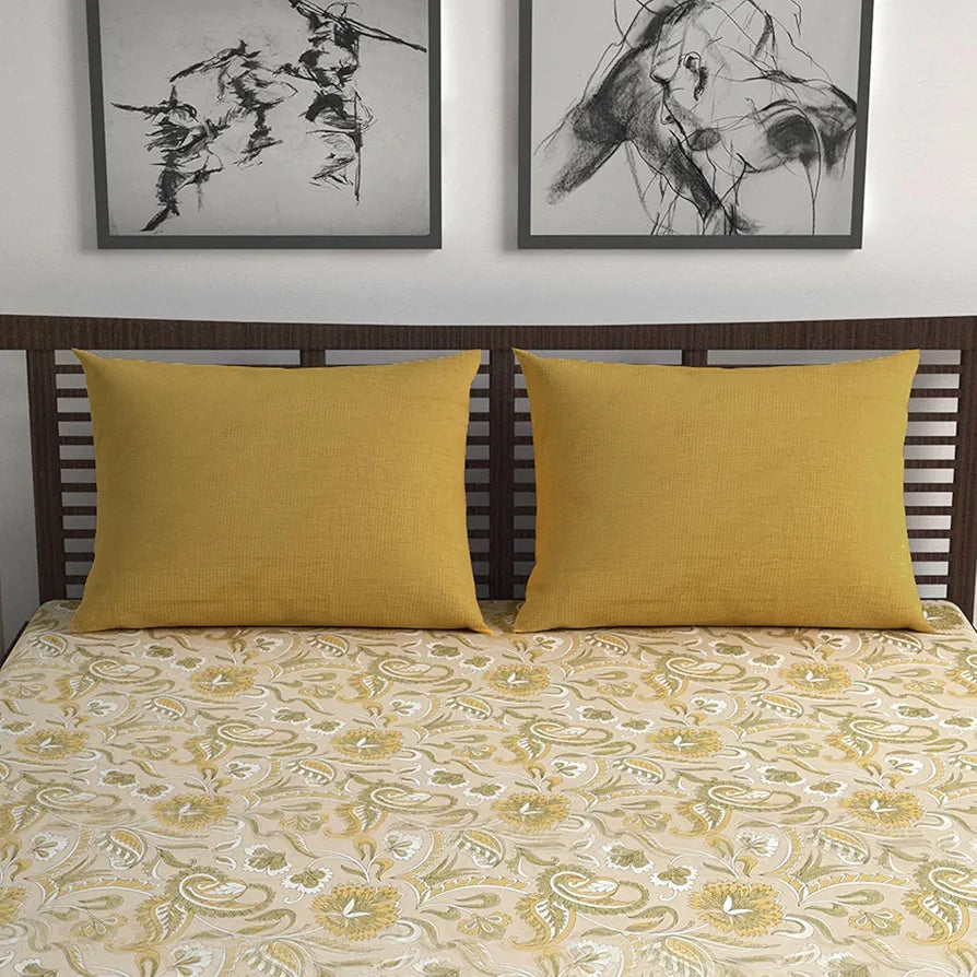 Divine Casa 144 TC 100% Pure Cotton Queen Size Double Bed Bedsheet with 2 Pillow Covers Floral Paisley Colour Mustard Beige