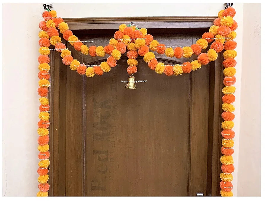 Artificial Marigold Fluffy Flower Garlands Door Toran Set/door Hangings - Light & Dark Orange