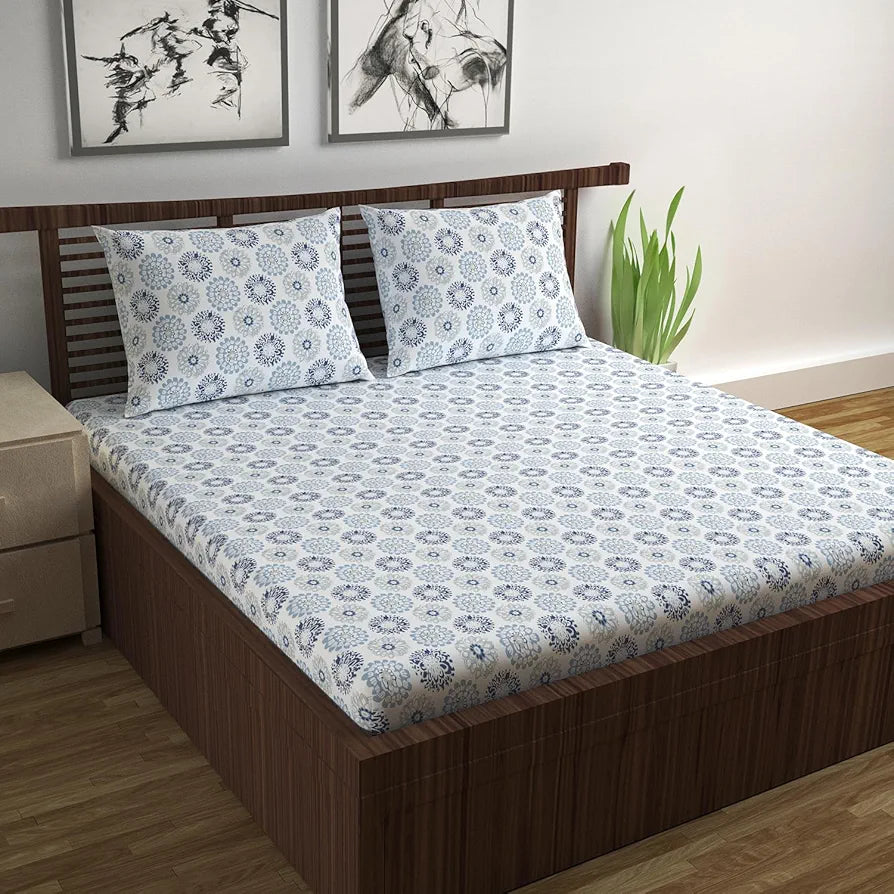 Divine Casa 144 TC 100% Cotton Bedsheet for Double Bed with 2 Pillow Cover Colour Soft Blue