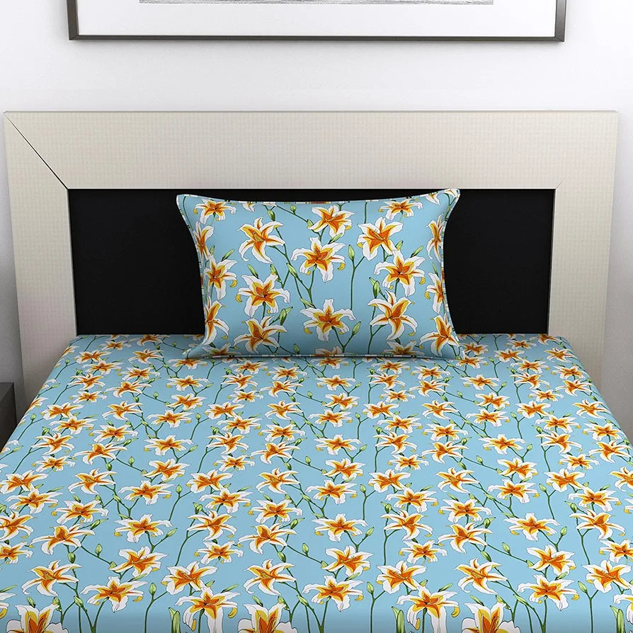 Divine Casa 100% Cotton Bedsheet for Single Bed 144 TC Bedsheet Single Size Bed Cotton with 1 Pillow Cover Colour Soft Sky Blue