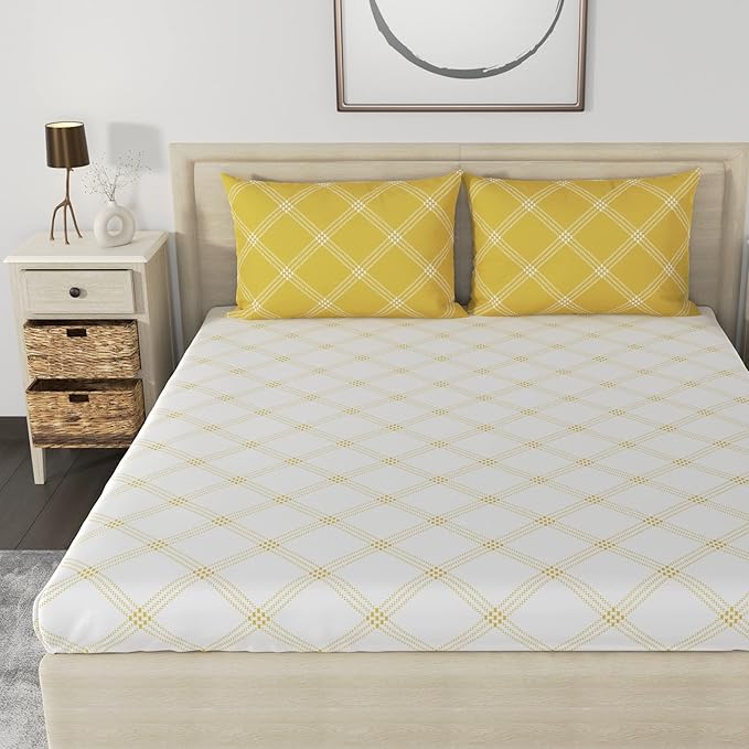 Huesland by Ahmedabad Cotton 186 Tc Bedsheet for King Size Bed With 2 Pillow Covers | White & Yellow