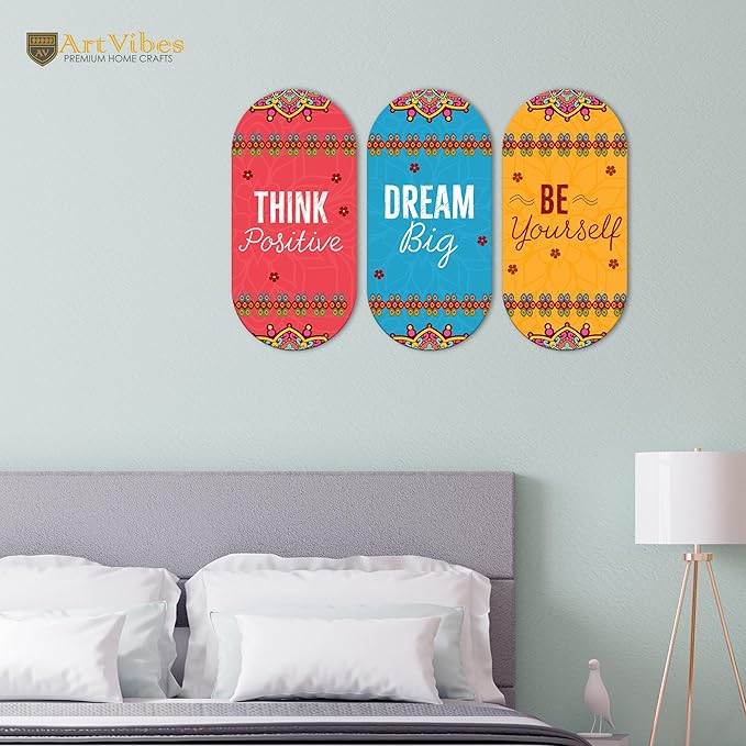 Artvibes Positive Quotes Printed Wooden Wall Hanger for Home | Set of 3