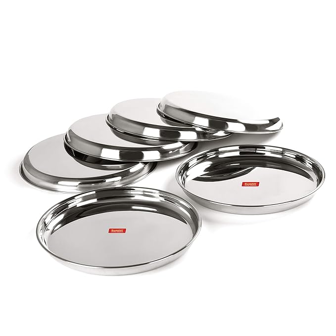 Sumeet Stainless Steel Heavy Gauge Deep Wall Snack Plates 29cm Set of 6 pcs