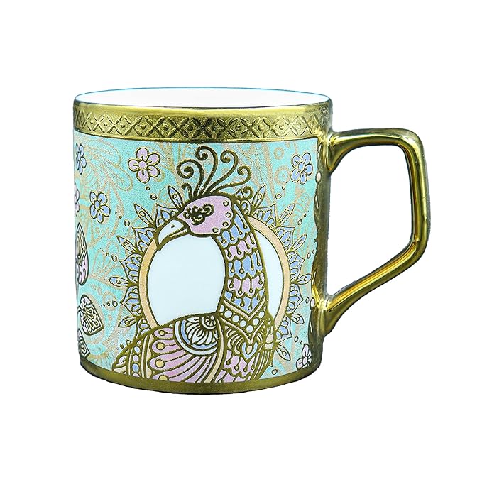 Femora Bone China Gloden Tea Cup | Crowned Peacock | 160 Ml | 6 Pieces | Brown