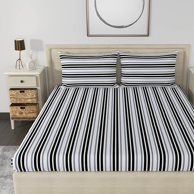Huesland by Ahmedabad Cotton 186 TC King Size Bedsheet Cotton with 2 Pillow Covers | Stripes Black & Grey