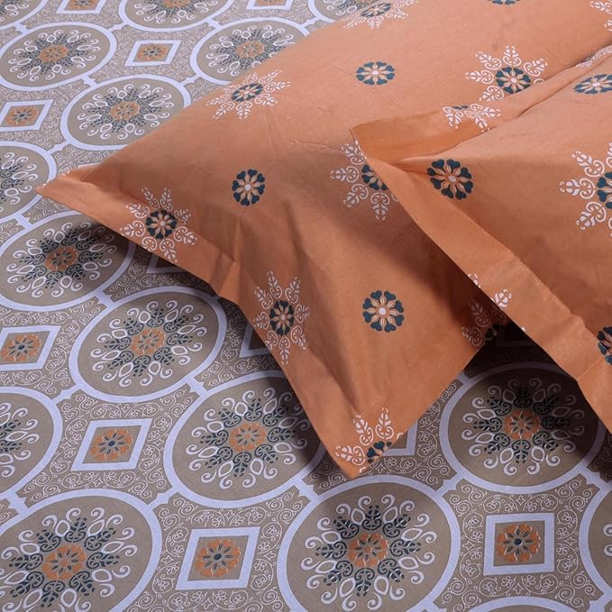 Huesland by Ahmedabad Cotton 144 Tc King Size Bedsheet Cotton With 2 Pillow Covers | Mandala | Orange & Brown