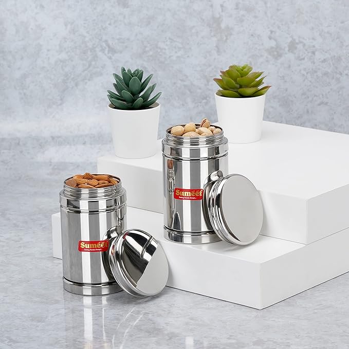 Sumeet Stainless Steel Circular Vertical Storage Container set of 2 Pc| 450ml Each |7.3cm Dia, Silver
