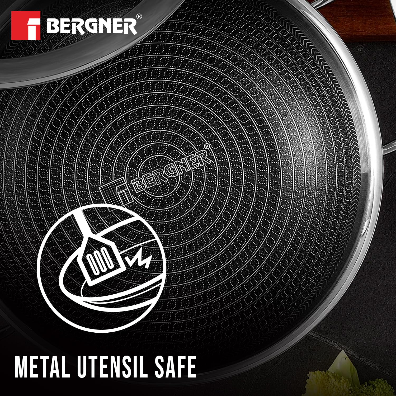 Bergner Hitech Triply Stainless Steel 26 Cm Kadai | Indian Wok With and Glass Lid