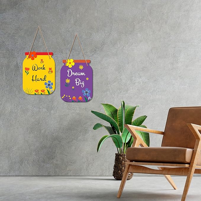 Artvibes Work Hard Quote Decorative Art Mdf Wooden Wall Hanger Ornaments for Living Room | Set of 2