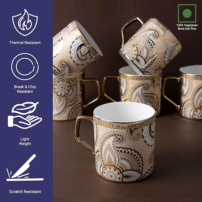 Femora Floral Pattern With Radial Background Golden Coffee Mugs | 180 Ml | Golden | 6 Pieces Set | Not Microwave Safe