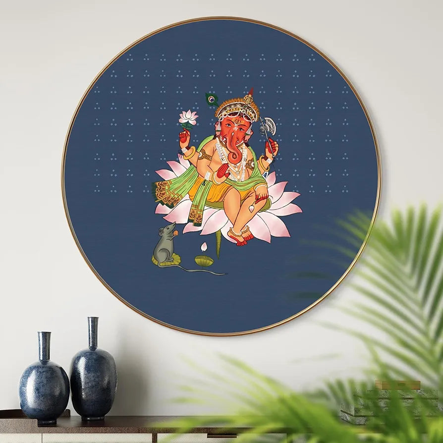 Livin'luxe Paintings Lord Ganesha on Lotus Wall Painting with Frame - Sparkle Glossy Round Golden Framed Large GRM-213