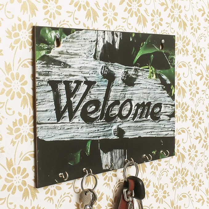 Ecraftindia Welcome Theme Wooden Key Holder With 6 Hooks