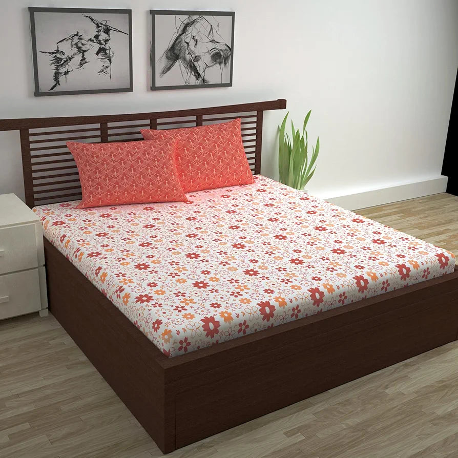 Divine Casa Double Size Bedsheet for Double Bed 144 TC Pure Cotton Queen Size with 2 Pillow Covers Floral Colour Rust White