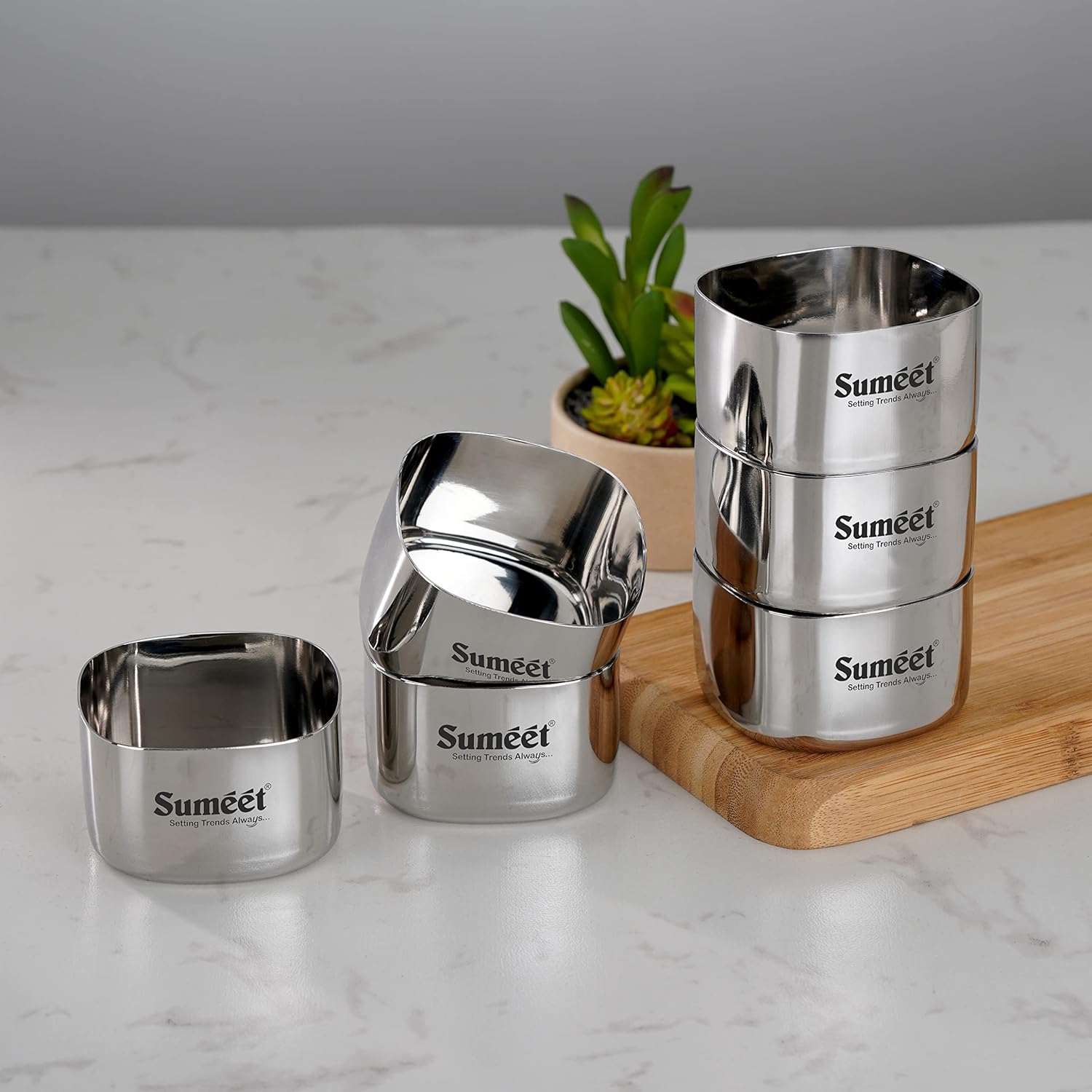 Sumeet Heavy Gauge Stainless Steel Square Bowl Set of 6pc 150 ml Each Silver
