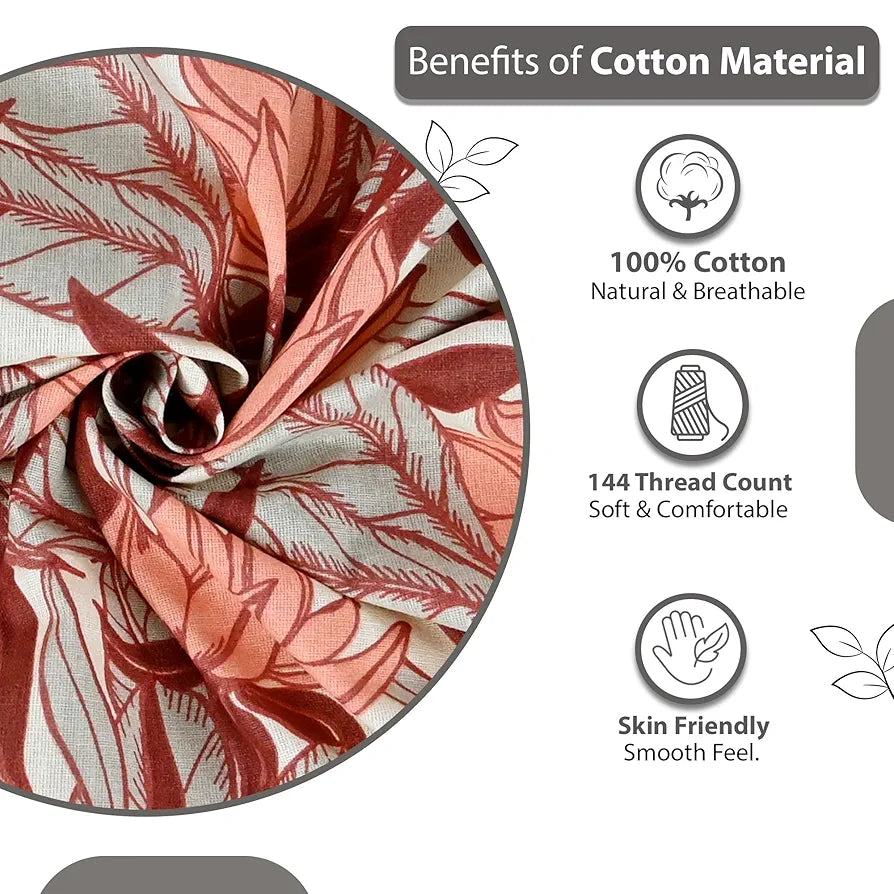 Divine Casa 144 TC 100% Pure Cotton Queen Size Double Bedsheet with 2 Pillow Covers Floral Breeze Colour Coral Beige