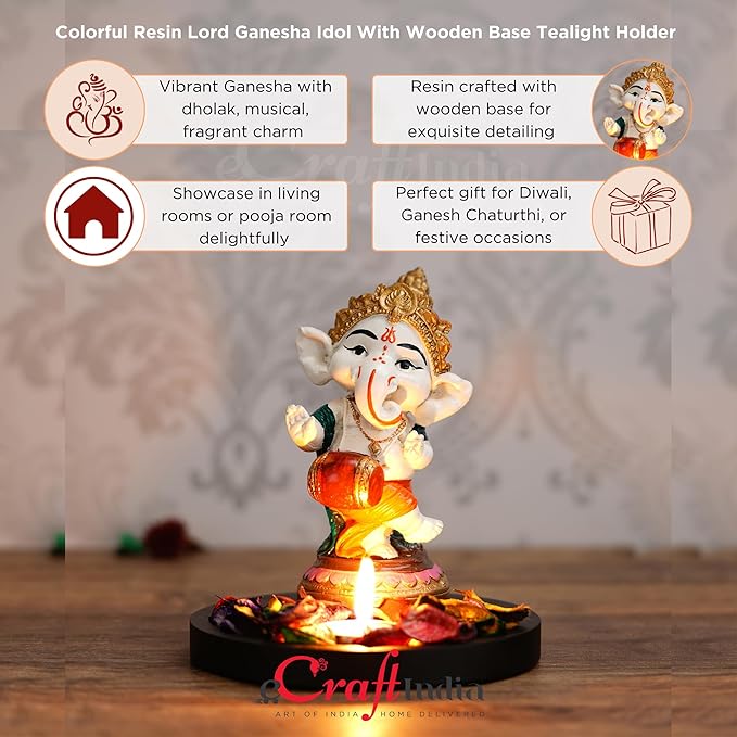 Ecraftindia Colorful Polyresin Lord Ganesha Idol Dancing and Playing Dholak Musical Instrument With Wooden Base